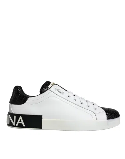 Pre-owned Dolce & Gabbana Black Leather Logo Portofino Sneaker Men's Shoes () In Black And White