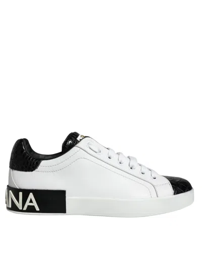 Pre-owned Dolce & Gabbana Black Leather Logo Portofino Sneaker Men's Shoes () In Black And White