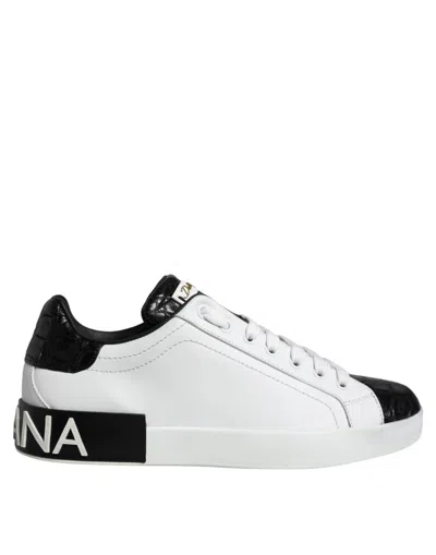 Pre-owned Dolce & Gabbana Black Leather Logo Portofino Sneaker Men's Shoes () In Black And White