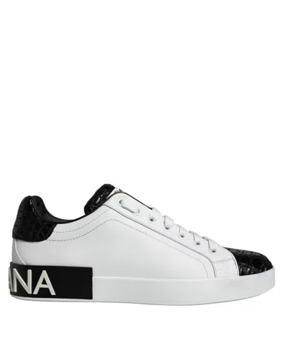 Pre-owned Dolce & Gabbana Black Leather Logo Portofino Sneaker Men's Shoes () In Black And White