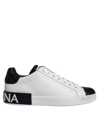Pre-owned Dolce & Gabbana Black Leather Logo Portofino Sneaker Men's Shoes () In Black And White
