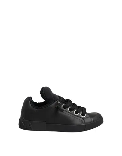 Dolce & Gabbana Black Leather Low Top Portofino Sneakers Shoes