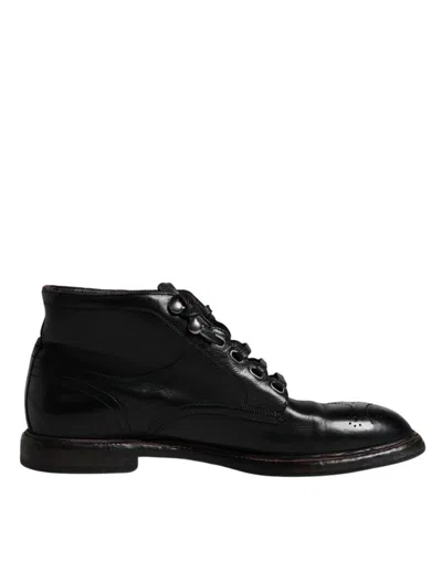 Pre-owned Dolce & Gabbana Black Leather Men Short Boots Lace Up Men's Shoes ()
