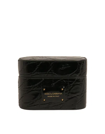 Dolce & Gabbana Black Leather Metal Logo Plaque Holder Airpods Case Caiman Accessory
