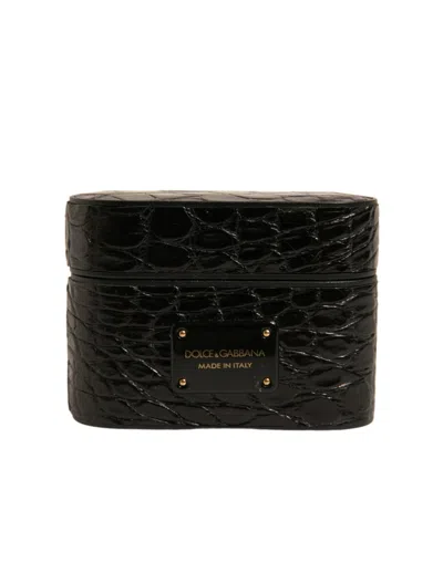 Dolce & Gabbana Black Leather Metal Logo Plaque Holder Airpods Case Caiman Accessory