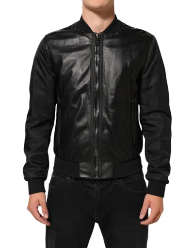 Pre-owned Dolce & Gabbana Black Leather Nylon Fullzip Blouson Men's Jacket ()