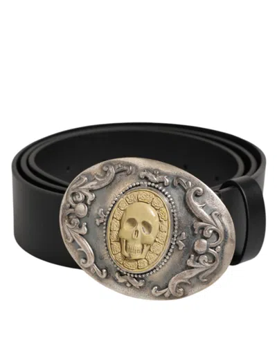 Dolce & Gabbana Black Leather Ornate Metal Buckle Men Men's Belt