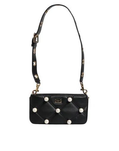 Dolce & Gabbana Black Leather Pearl Embellished Logo Shoulder Women's Bag