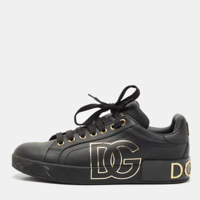 Pre-owned Dolce & Gabbana Black Leather Portofino Low Top Sneakers Size 39.5