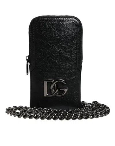 Dolce & Gabbana Black Leather Purse Crossbody Chain Sling Phone Men's Bag
