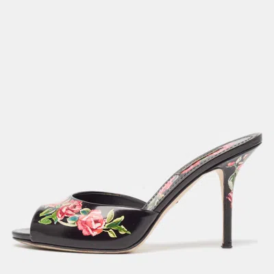 Pre-owned Dolce & Gabbana Black Leather Rose Print Slide Sandals Size 37
