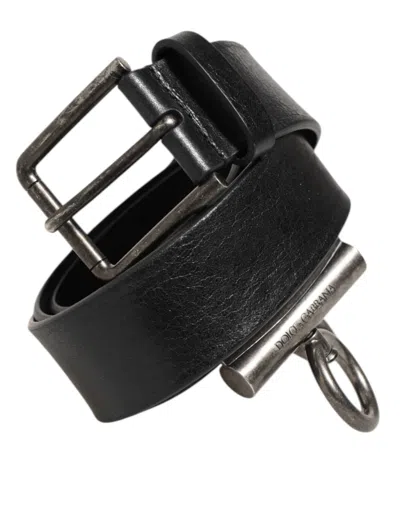 Dolce & Gabbana Black Leather Side Rings Brass Buckle Men's Belt