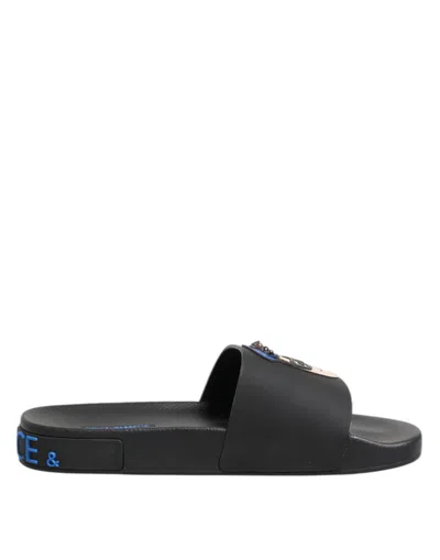 Dolce & Gabbana Black Leather Slides Flats Beachwear Men's Shoes In Animal Print