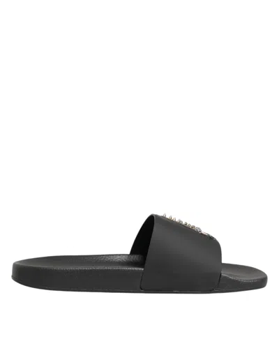Dolce & Gabbana Black Leather Slides Sandals Beachwear Shoes