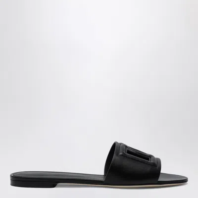 DOLCE & GABBANA BLACK LEATHER SLIDES WITH DG LOGO