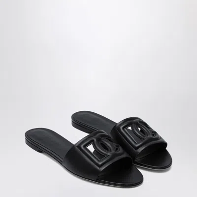 DOLCE & GABBANA BLACK LEATHER SLIDES WITH DG LOGO