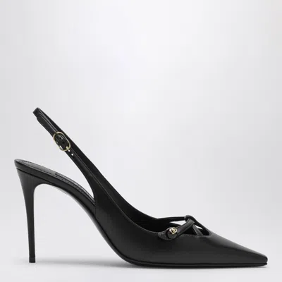 Dolce & Gabbana Leather Slingback With Metal Monogram In Black