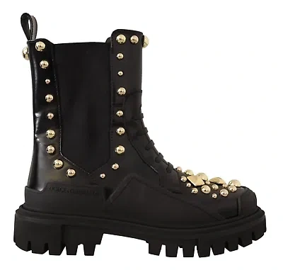 Pre-owned Dolce & Gabbana Studded Leather Combat Boots With Embroidery In Black