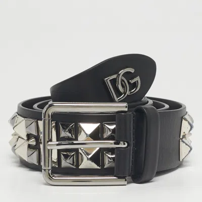 Pre-owned Dolce & Gabbana Black Leather Studded Dg Buckle Belt 105cm