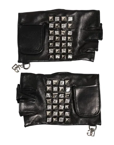 Dolce & Gabbana Black Leather Studded Fingerless Hand Mitten Men Gloves