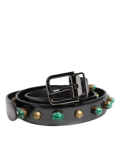 Pre-owned Dolce & Gabbana Black Leather Studded Silver Tone Buckle Men's Belt ()