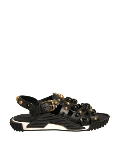 Pre-owned Dolce & Gabbana Black Leather Studded Slides Sandals Men's Shoes ()