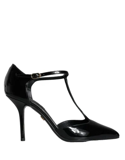 DOLCE & GABBANA BLACK LEATHER T-STRAP STILETTO HIGH HEELS SHOES