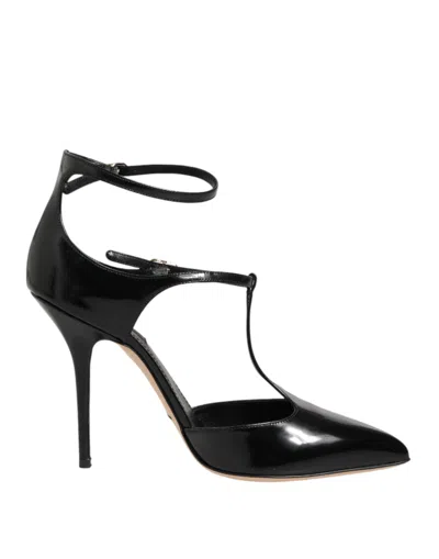 Dolce & Gabbana Black Leather T-straps Heels Sandals Shoes