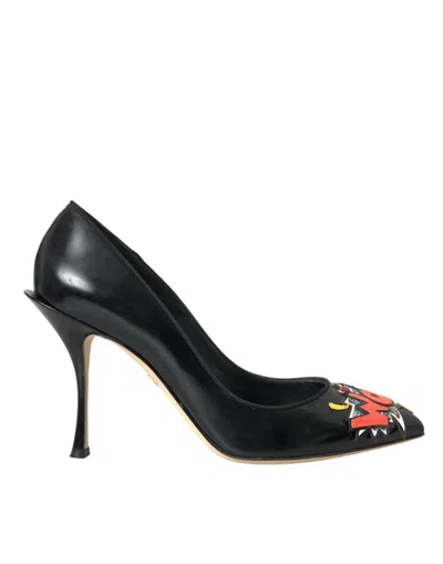DOLCE & GABBANA BLACK LEATHER WOW PATCH HEELS PUMPS SHOES