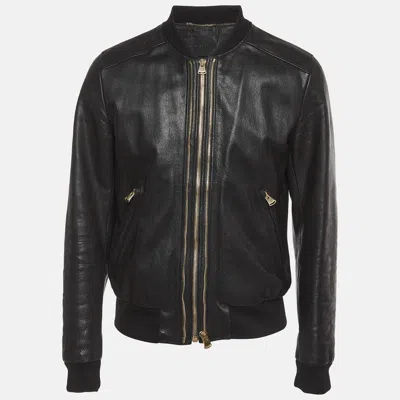Pre-owned Dolce & Gabbana Black Leather Zip Front Bomber Jacket Xl