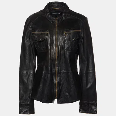 Pre-owned Dolce & Gabbana Black Leather Zip Front Jacket L