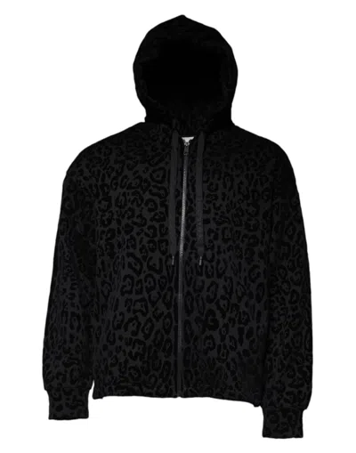 Pre-owned Dolce & Gabbana Black Leopard Cotton Hooded Full Zip Men's Sweater ()