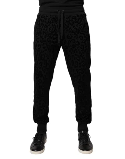 Pre-owned Dolce & Gabbana Black Leopard Cotton Jogger Sweatmen's Men's Pants ()