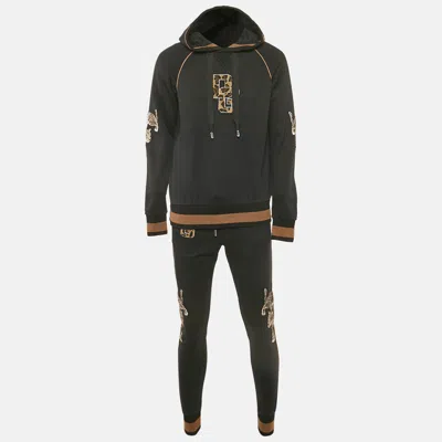 Pre-owned Dolce & Gabbana Black Leopard Embroidery Cotton Knit Hoodie And Pants Set S