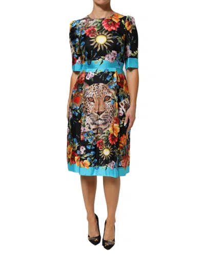 Dolce & Gabbana Black Leopard Floral Silk Sheath Midi Dress In Multi