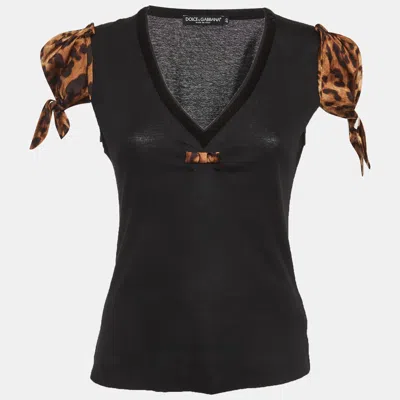 Pre-owned Dolce & Gabbana Black Leopard Print Satin And Jersey Top S