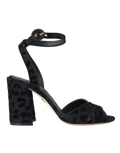 Dolce & Gabbana Leopard Suede Block Heel Peep Toe Sandals In Black