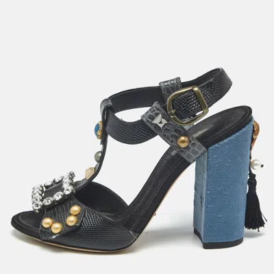 Pre-owned Dolce & Gabbana Black Lizard Embossed Leather And Velvet T Strap Sandals Size 40