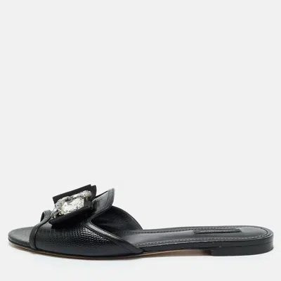 Pre-owned Dolce & Gabbana Black Lizard Embossed Leather Crystal Embellish Flat Slides Size 40