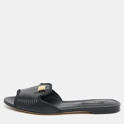 Pre-owned Dolce & Gabbana Black Lizard Embossed Leather Sofia Flat Slides Size 36