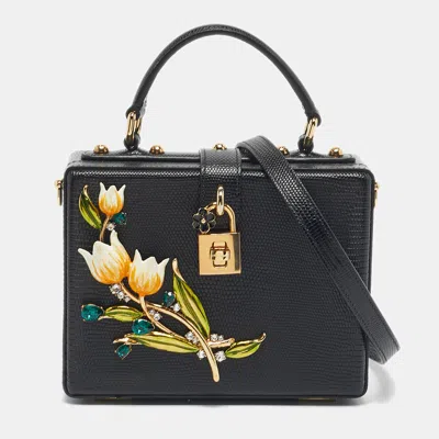 Pre-owned Dolce & Gabbana Black Lizard Embossed Leather Tulip Embellished Box Bag