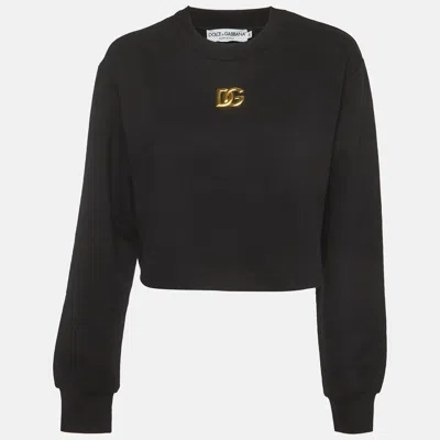 Pre-owned Dolce & Gabbana Black Logo Appliqué Jersey Cropped Sweatshirt Xs