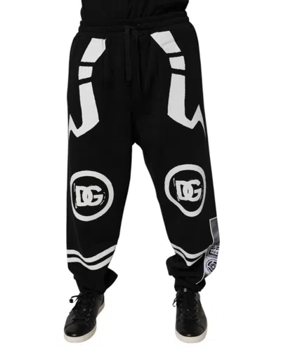 Pre-owned Dolce & Gabbana Black Logo Cotton Jogger Sweatmen's Men's Pants () In Black And White