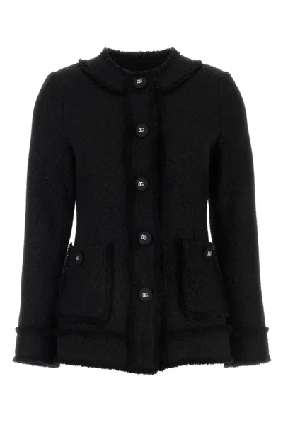 DOLCE & GABBANA BLACK LOGO-ENGRAVED BUTTONED JACKET