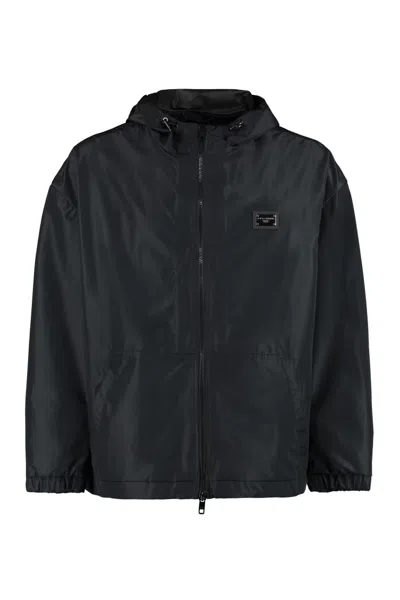 Dolce & Gabbana Technical Fabric Hooded Jacket With Adjustable Drawstring Hem In Black