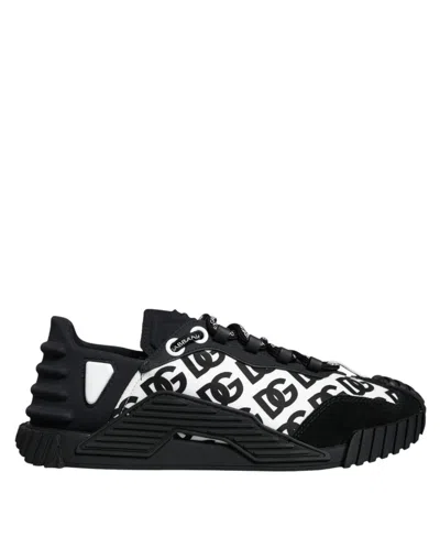 Pre-owned Dolce & Gabbana Black Logo Lace Up Low Top Ns1 Sneakers Men's Shoes () In Black And White