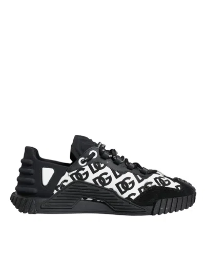 Pre-owned Dolce & Gabbana Black Logo Lace Up Low Top Ns1 Sneakers Men's Shoes () In Black And White