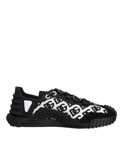 Pre-owned Dolce & Gabbana Black Logo Lace Up Low Top Ns1 Sneakers Men's Shoes () In Black And White