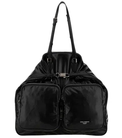 Dolce & Gabbana Leather Shopping Bag Double Handles Zip Pockets In Black