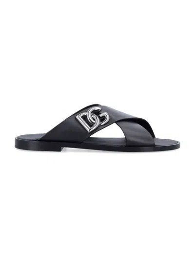 DOLCE & GABBANA MEN BLACK LOGO LEATHER SANDALS, 6 LUXURY SANDALS & FLOATERS FOR MEN DARVEYS